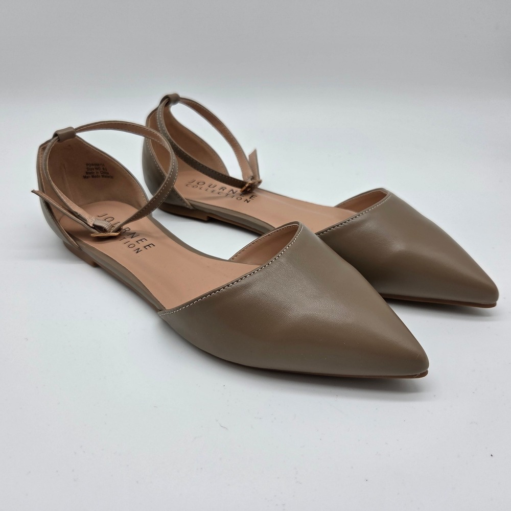 Journee Collection Pointed Toe Flats Womens 6.5 Taupe Ankle Strap D'Orsay Shoes